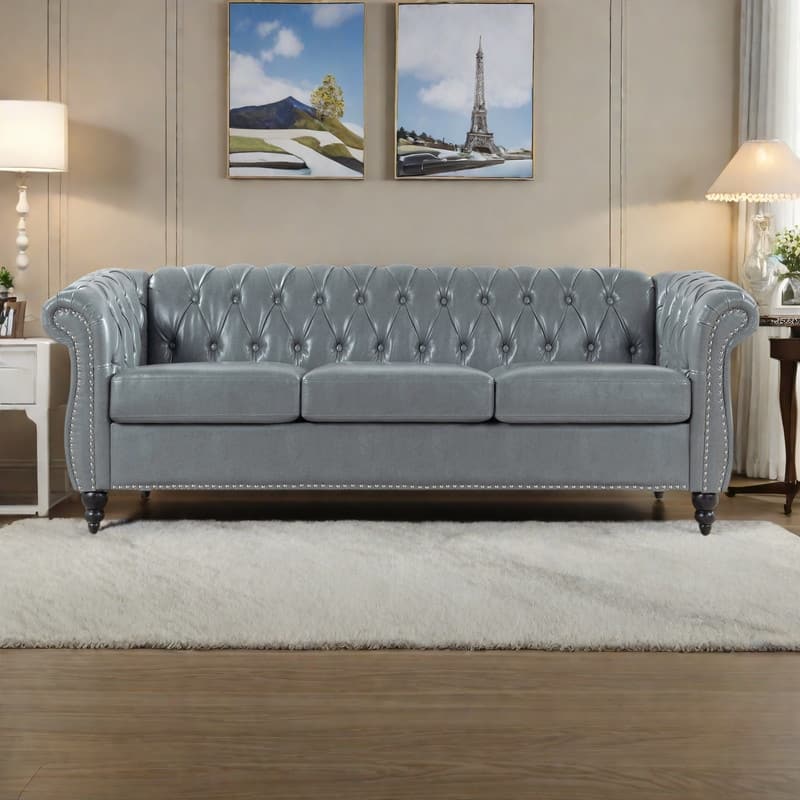 84.65" PU Leather Chesterfield Sofa with Rolled Arms (3-Seater) - Grey