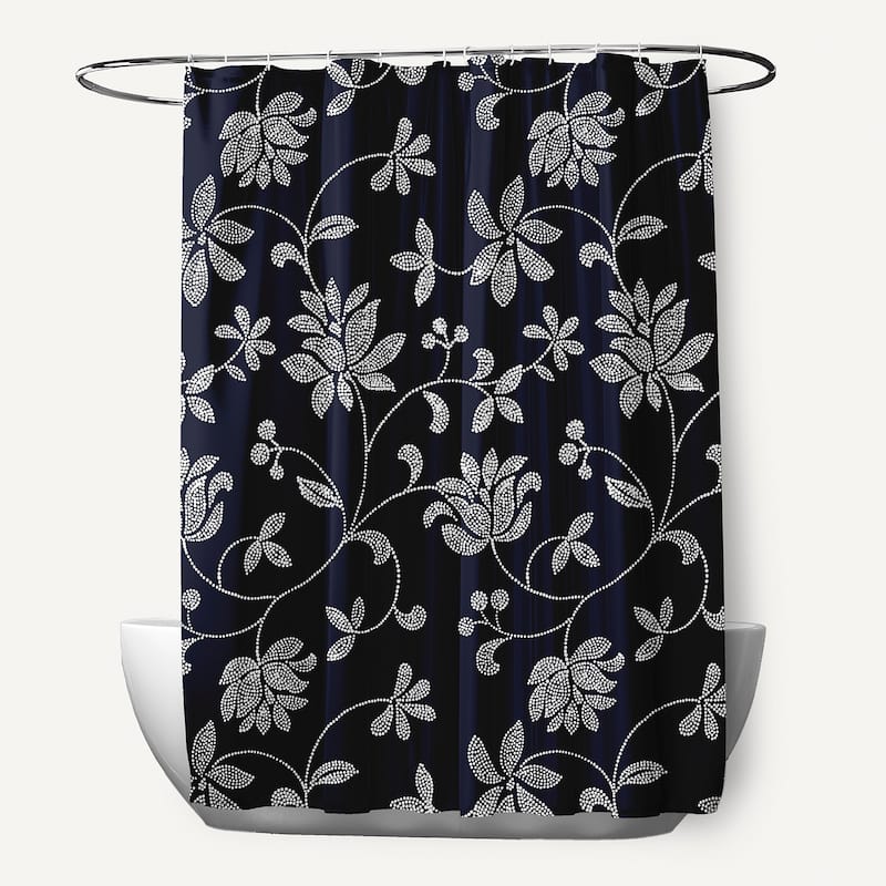 71 x 74-inch Traditional Floral Print Shower Curtain - Navy