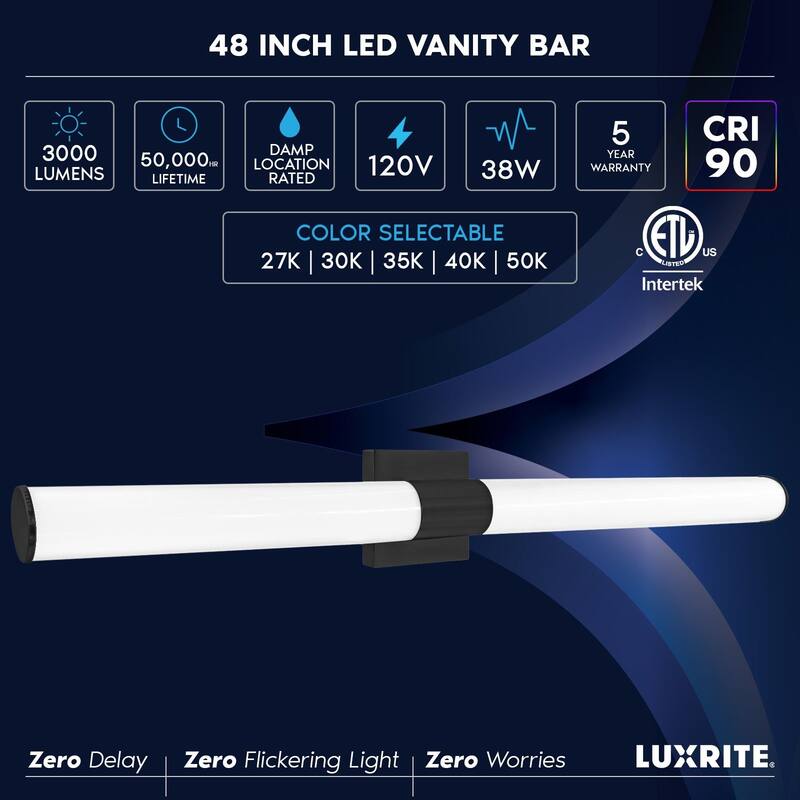 Luxrite LED Black Bathroom Vanity Light Fixtures 48 Inch 5CCT 38W 3000 Lumens CRI 90 Dimmable Damp Rated ETL Listed