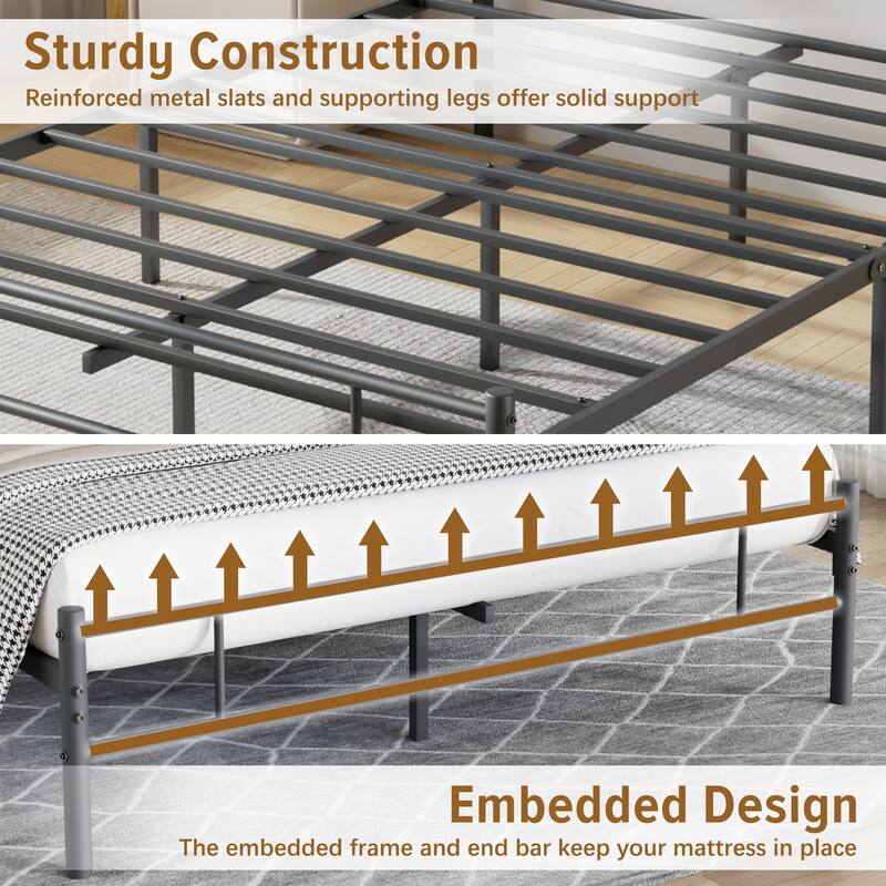 VECELO Metal Platform Bed Frame with Headboard Storage Bed Base No Box Spring Needed Twin/Full/Queen Size Modern Steel Bed