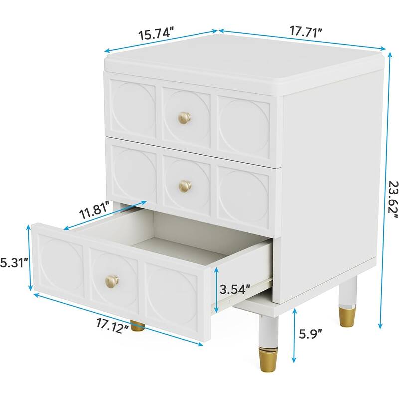 White Wood Nightstand with Gold Handles Acrylic Legs and 3 Drawers