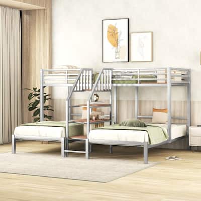 Metal Twin over Twin & Twin Bunk Bed, Triple Bunk Bed with Storage Shelves Staircase