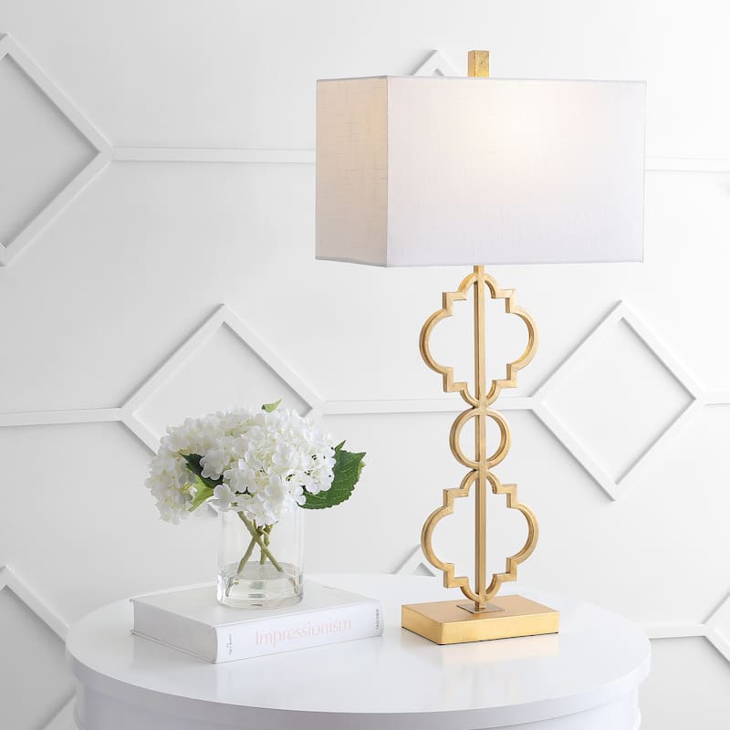 Miami 32" Iron Ogee Trellis Modern LED USB Table Lamp, Gold by JONATHAN Y