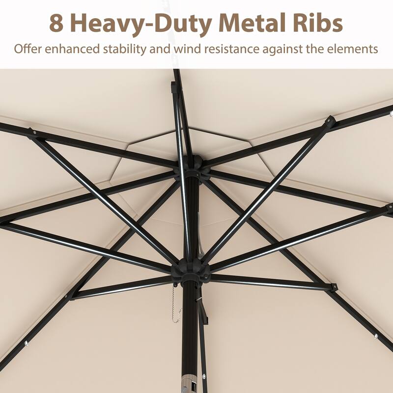 10 Feet Solar Patio Umbrella with LED Lights Push Button Tilt and Crank Handle for Backyard Deck