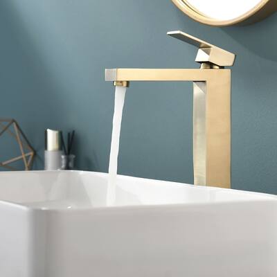 Black Bathroom Faucet, Single Handle Brushed Gold Vessel Faucet