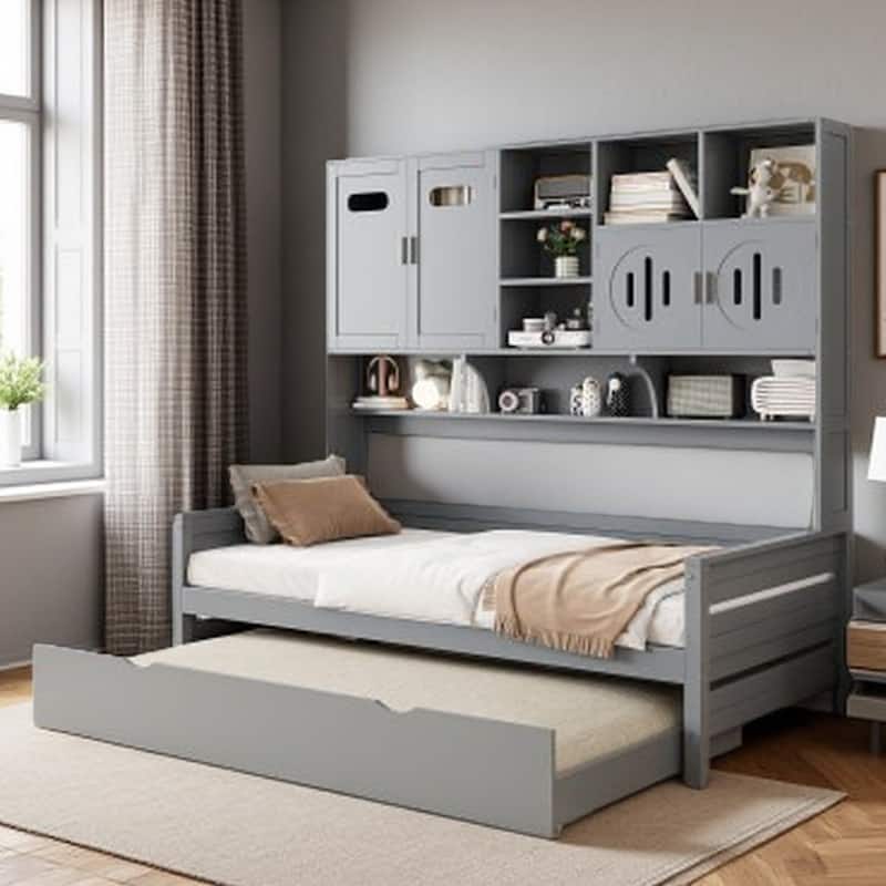 Full Size Wood Daybed with Built-in Storage Cabinet, Open Shelves & Twin Trundle Bed, Space-Saving Multi-Functional Frame - Gray Gray - Twin
