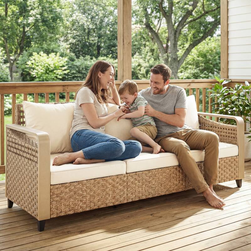 Outsunny Outdoor Patio Couch with Wide and Deep Seat, 3 Seater Wicker Outdoor Sofa with Wide Metal Armrests