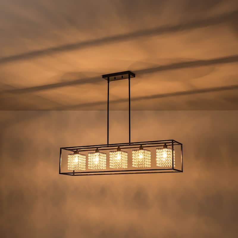 5-Light Modern Black Glam Rectangular Island Large Crystal Chandelier - 39.37 in. W x 8.66 in. D x 8.66 in. H