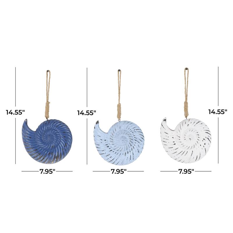 Wooden Shell Distressed Home Wall Decor with Jute Hanging Rope - Set of 3 Blue - Roche River Decor