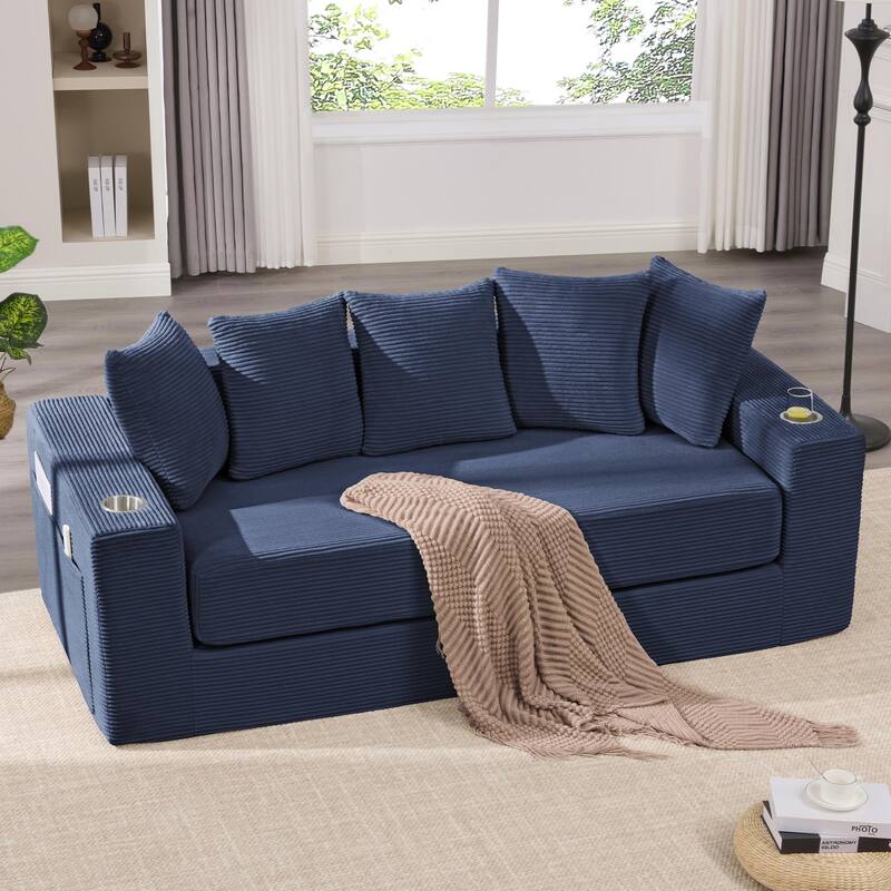 2-in-1 Convertible Sleeper Sofa, Floor Folding Couch, Sofa Bed with Side Pocket, Pull Out Loveseat with Cup Holders