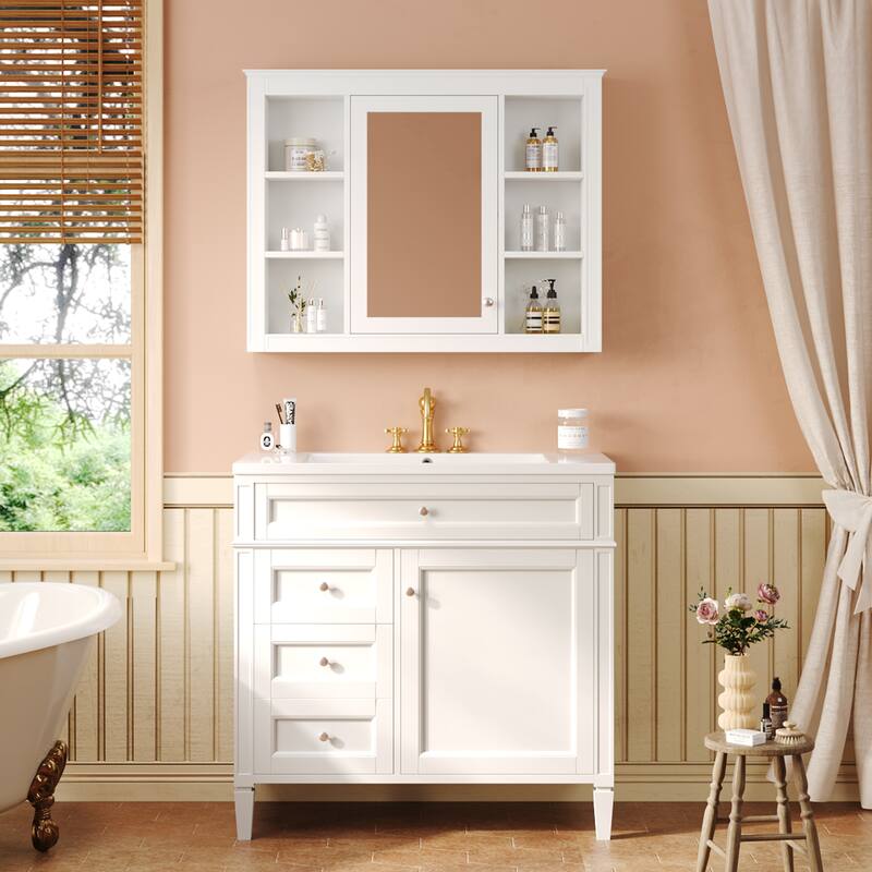 GDFStudio - Carramore Modern Bathroom Vanity Set with Ceramic Sink, Medicine Cabinet, 2 Soft Closing Doors & Drawers - 36'W - White