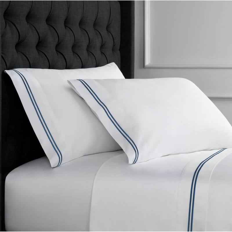 Home Sweet Home Collection 600 Thread Count Cotton 2 Stripe Embroidery Bed Sheet Set - Standard Pillowcase (set of 2) - Navy