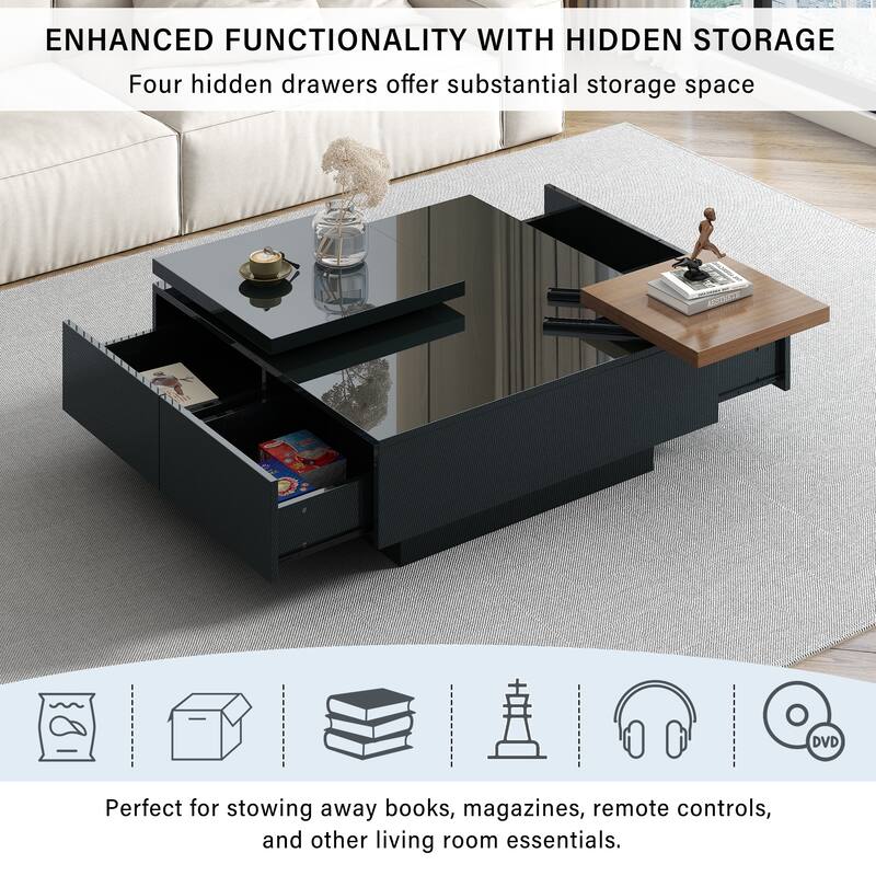 Modern Square Movable Top Coffee Table with 4 Hidden Storage Drawers, High Gloss Wood Center Table for Living Room
