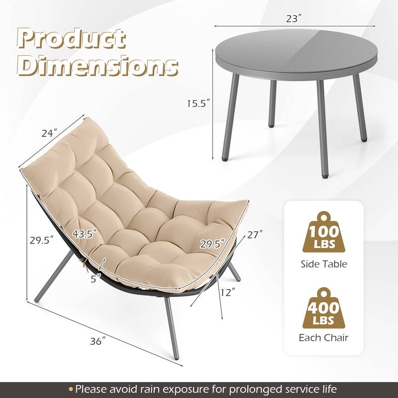 Costway 3 PCS Patio Furniture Set with Cushioned Papasan Chairs - See Details