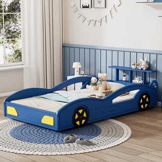 Blue Car-Shaped Twin Wooden Race Car Bed Frame w/ Shelves Unisex - Bed ...