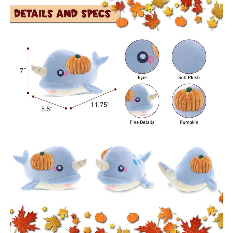 DolliBu Baby Soft Blue Narwhal Stuffed Animal with Pumpkin Decor - 11.75 inches