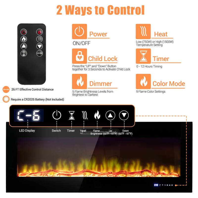 Costway 50''\60'' Electric Fireplace Recessed Wall Mounted Heater