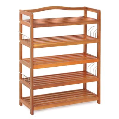 Costway 5-Tier Wood Shoe Rack Solid Acacia Wood Shoe Shelf with Side