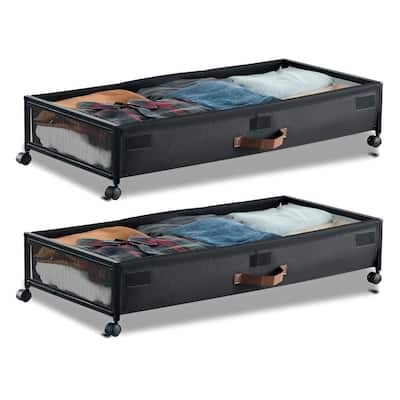2-Pack Under Bed Shoe Clothing Organizer with Lockable Casters Handles and Clear Top Panel - 35.6 x 15.5 x 5.1 inch