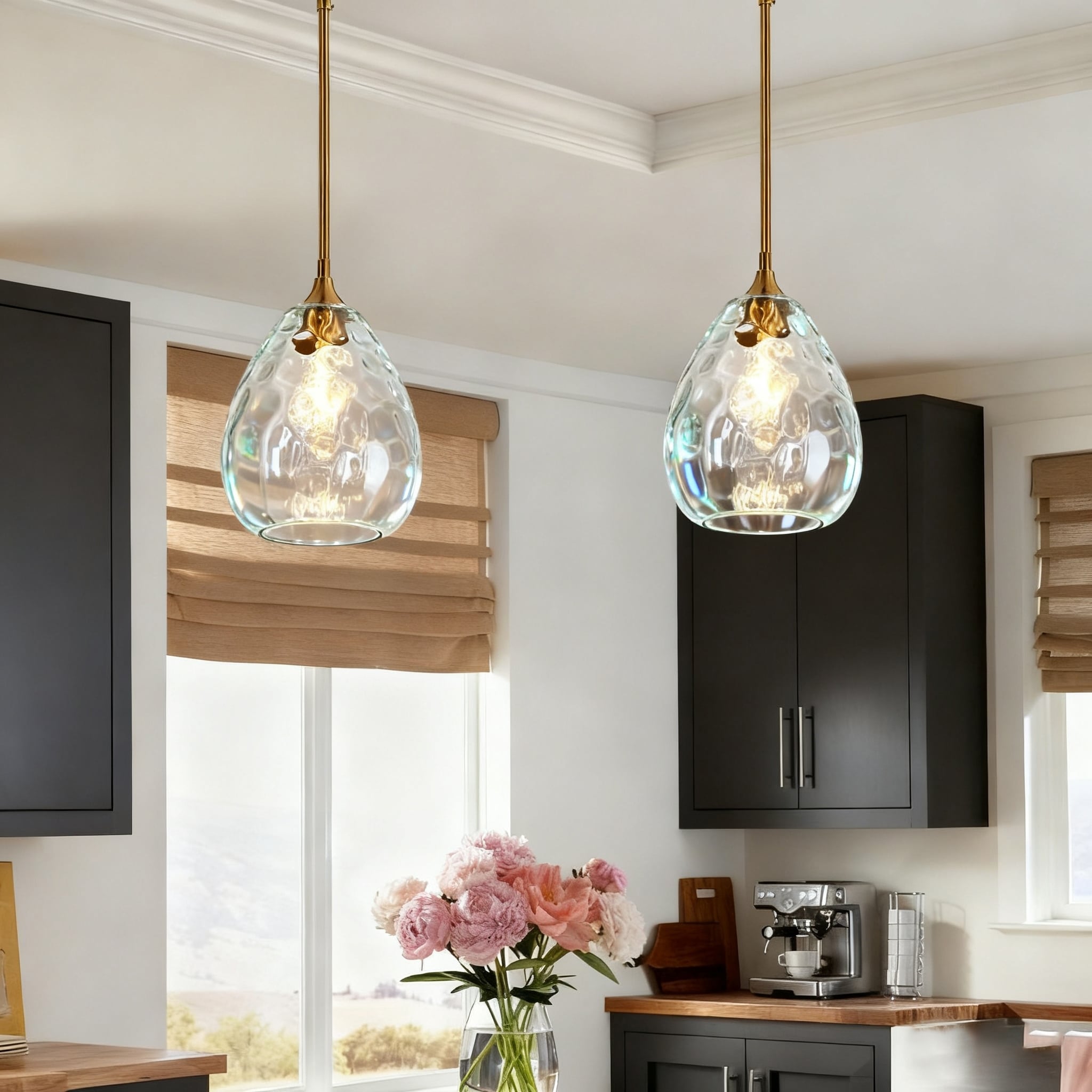 Modern Gold 1-Light Hand-blown Teardrop Glass Pendant Light for Kitchen Island - 7.8" W × 7.8" D × 11.2" H