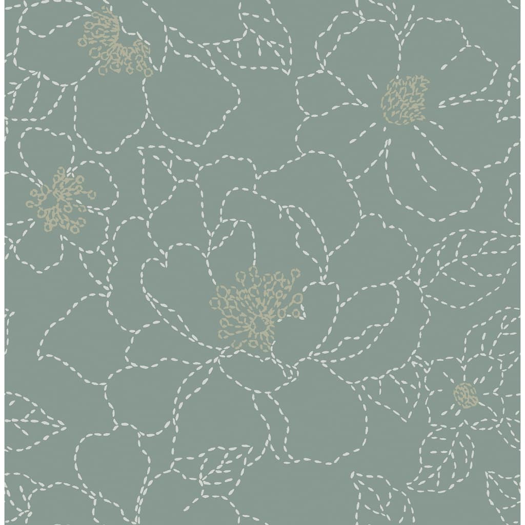 A-Street Prints Gardena Sea Green Embroidered Floral Wallpaper