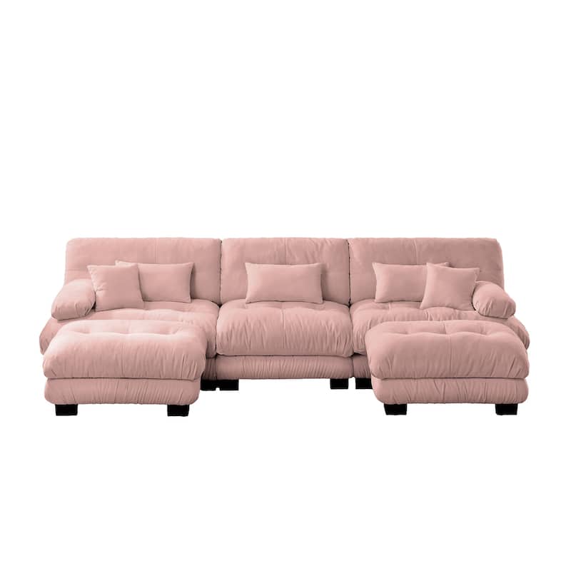 Anmytek Pink Chenille Modular U-Shaped Sectional Sofa with Two Ottomans Deep Seat Oversized Cloud Couch