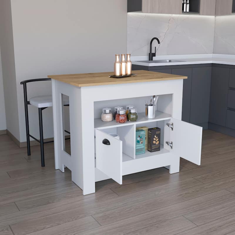 "Modern 35" Kitchen Island, White and Macadamia Finish, 2 Doors, 3 Shelves, Durable Wood"