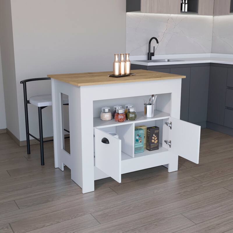 Stylish Kitchen Island with Cabinet Storage, Open Shelving, and Durable Wood Construction for Organized Cooking Spaces