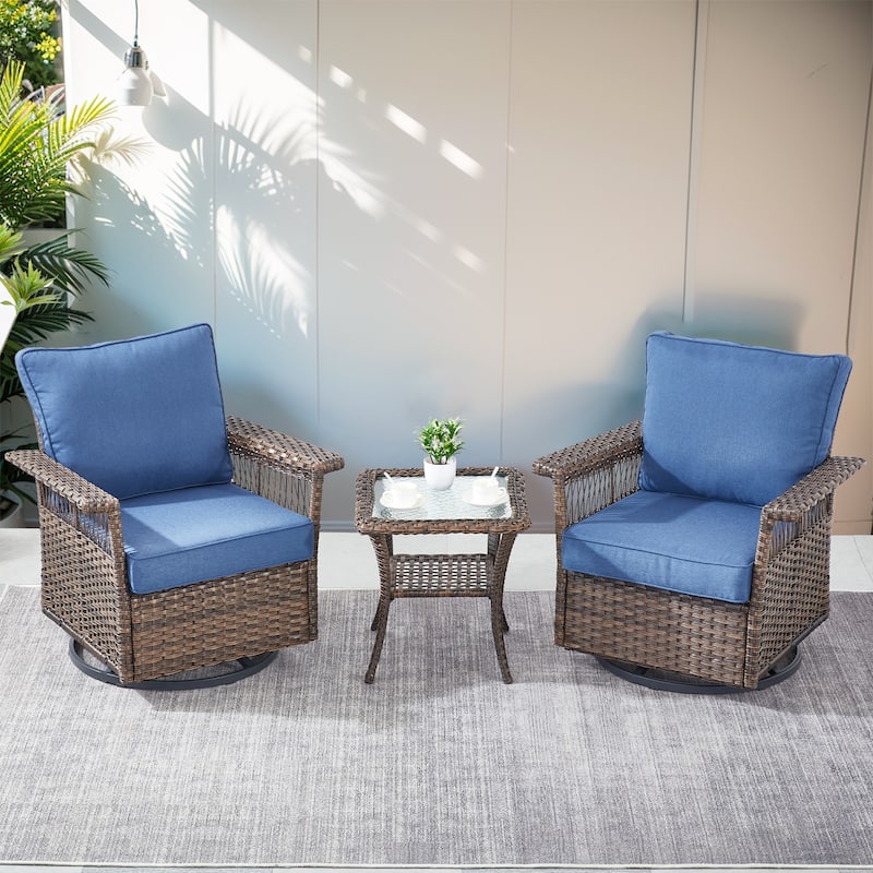 3 Pieces Patio Swivel Chair Gliders Chair with Table - Blue - Brown