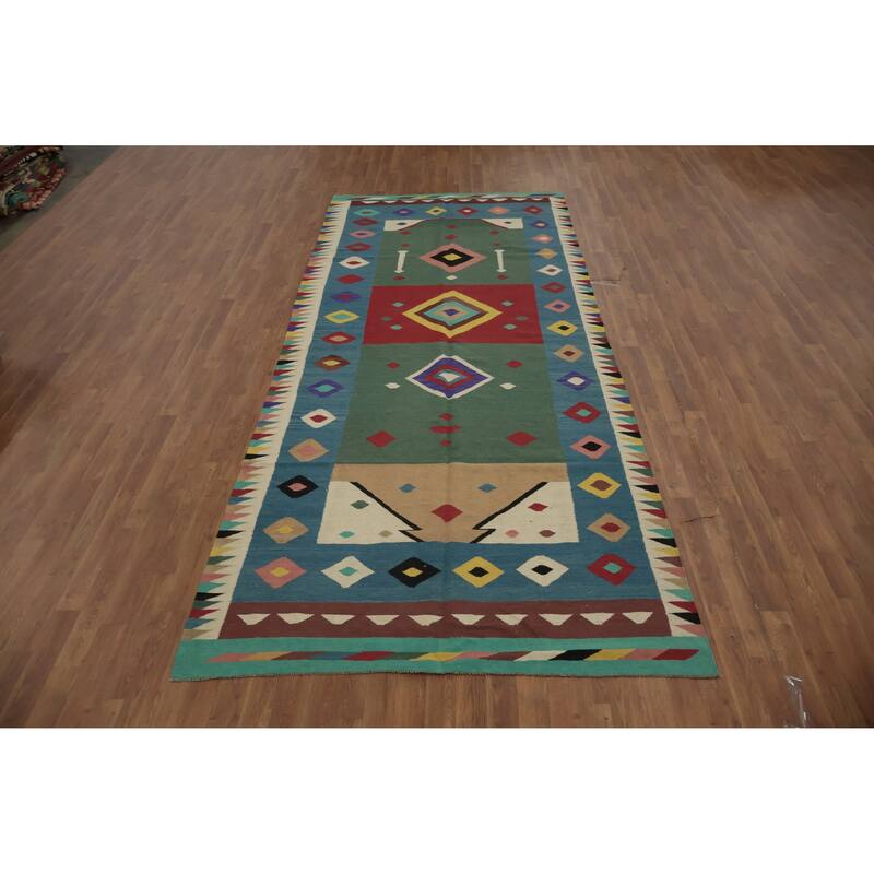 Hand Woven Oriental 100% Wool Carpet Southwestern Modern Green Kilim Area Rug - 11' 11'' X 5' 0''