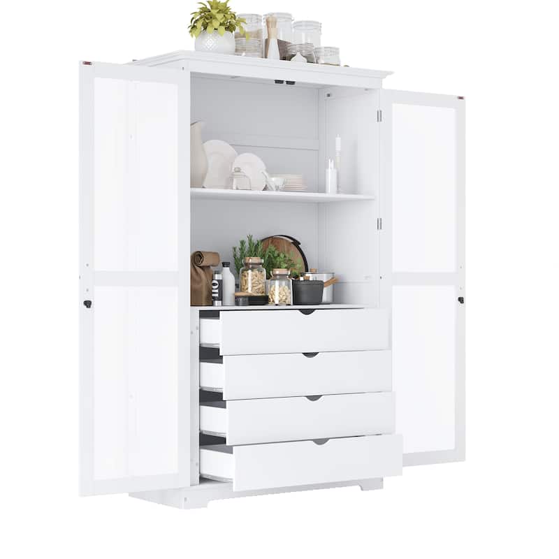 Kitchen Pantry, Freestanding Kitchen Storage Cabinet Display Cabinet with Glass Doors and 4 Built-in Drawers for Living Room