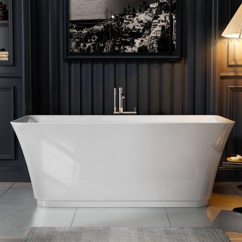 Empava 59 in. x 29.5 in. Freestanding Flat Bottom Bath Tub Soaking Bathtub with Center Drain in White