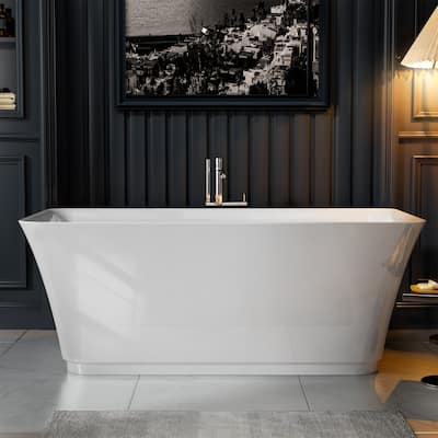 Empava 59 in. x 29.5 in. Freestanding Flat Bottom Bath Tub Soaking Bathtub with Center Drain in White