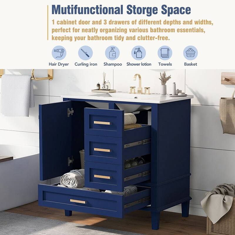 30" Bathroom Vanity With Sink, Solid Wood Bathroom Storage Cabinet