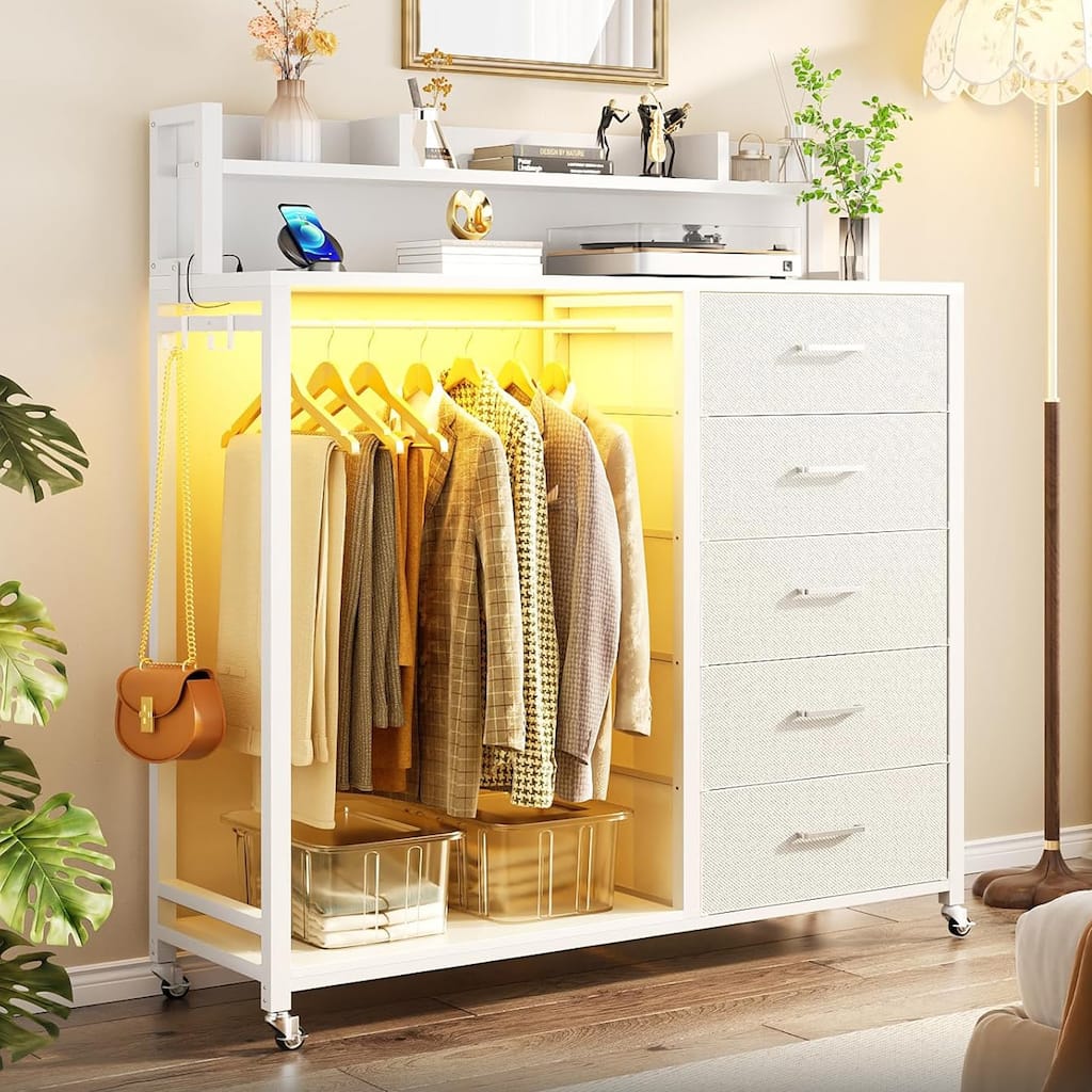 5 Drawers Dresser with Charging Station & LED Lights, Chest of Drawers with Hanging Rod & Lockable Wheels & Storage Shelves