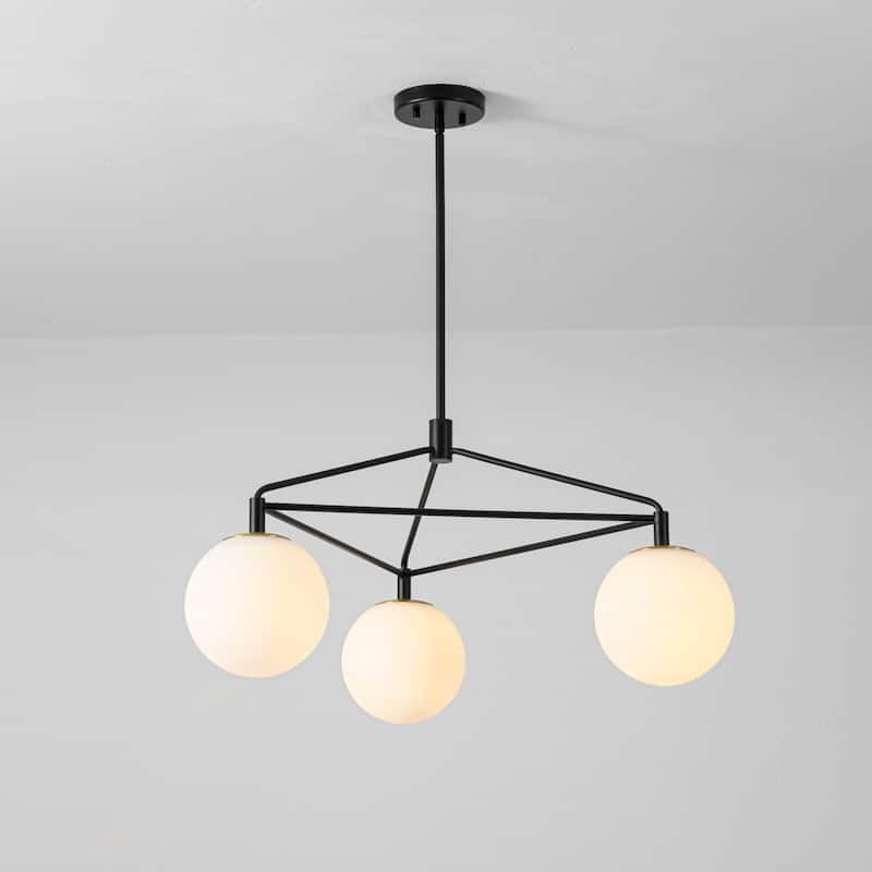 3-Light 30.7" W Modern Black Geometric Framework Design Metal Opal Globe Bubble Glass Chandelier for Bedroom