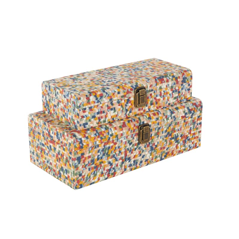Fabric Handmade Storage Box with Bronze Latches - Set of 2 Gray and Multi Colored - Roche River Decor