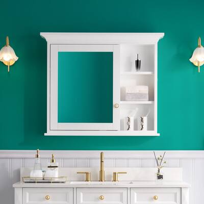 30''H Surface Mount Solid Wood Framed Medicine Cabinet With Mirror and Shelves,White