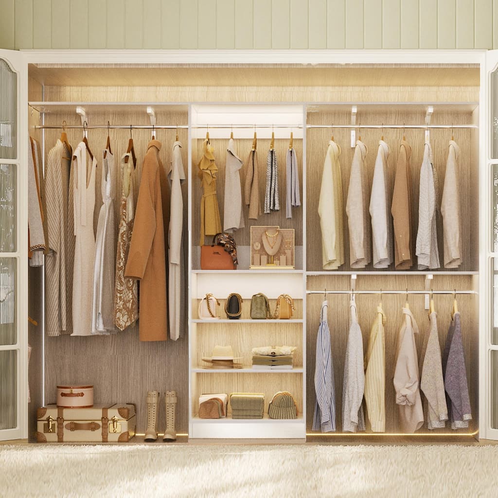 96'' W Walk-in Closet System with 4 Hanging Rods and 3 Shelving Towers, Sturdy Closet Organizer with Storage Shelves