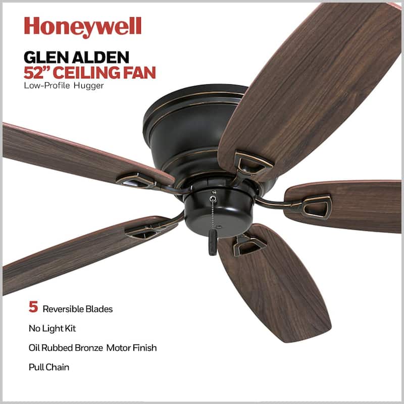 52" Honeywell Glen Alden Oil Rubbed Bronze Indoor Ceiling Fan, No Light, Pull Chain