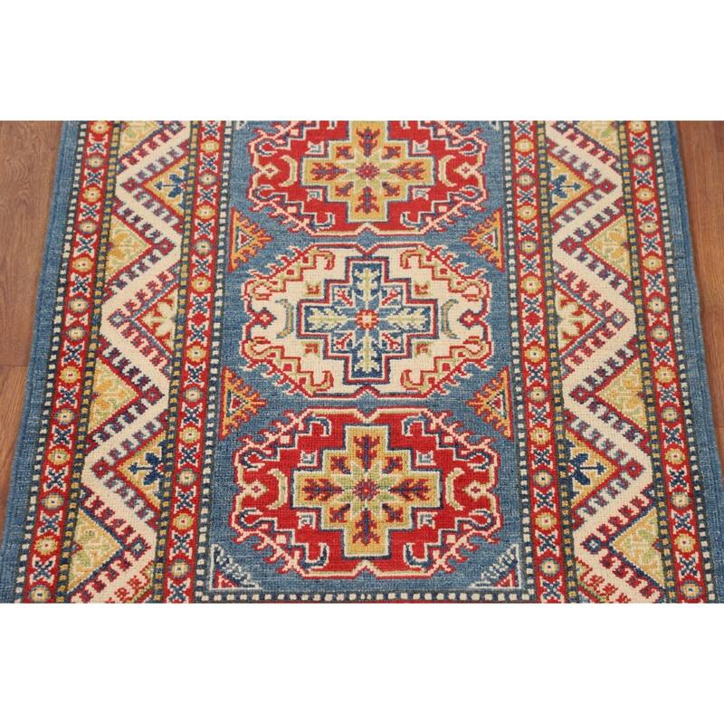 Blue Geometric Kazak Foyer Rug Hand-Knotted Traditional Wool Carpet - 2'10" x 4'1"