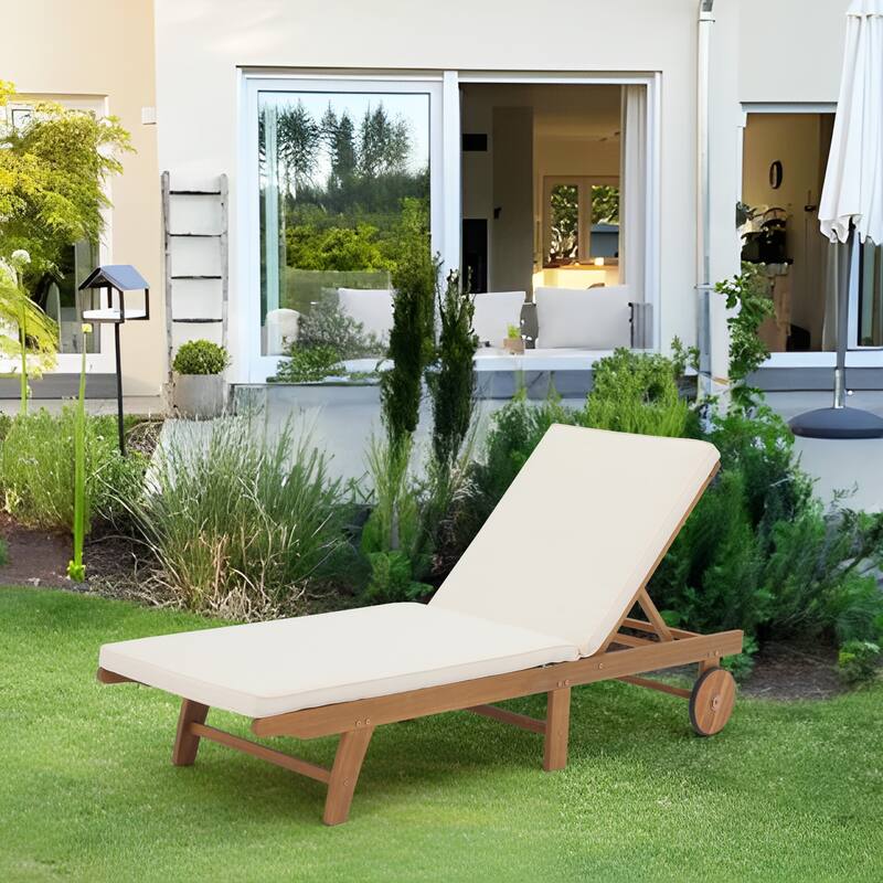 Outdoor Acacia Wood Chaise Lounge with Cushion - Natural