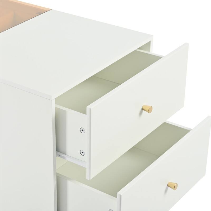 Modern Luxury Multi-Functional Island Vanity Dresser and Storage Cabinet with Glass Tabletop, Display Shelf and 6 Drawers
