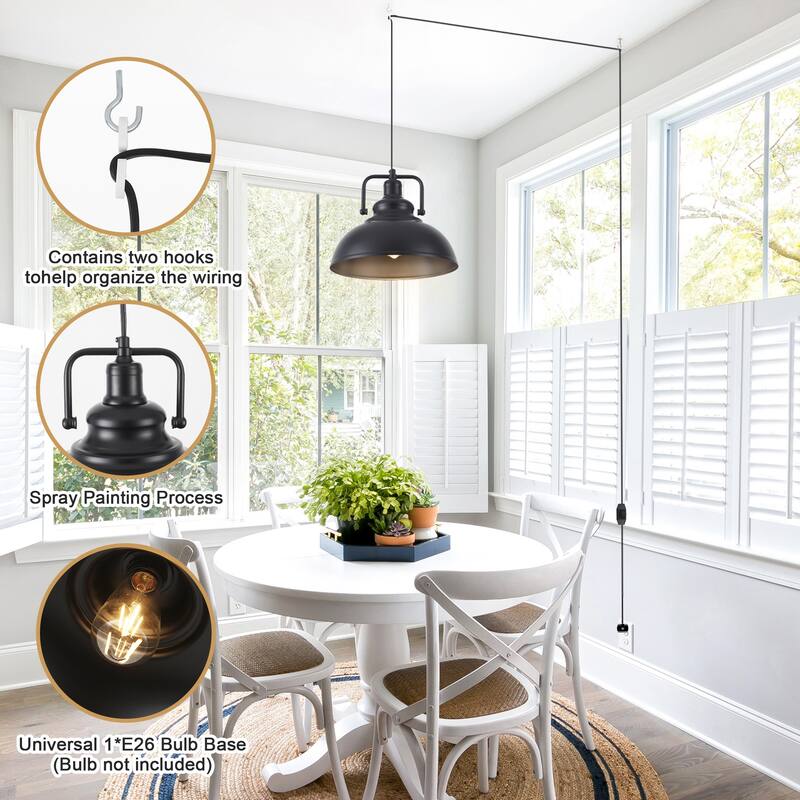 1 - Light Modern Industrial Plug-In Pendant Light with Metal Dome Lampshade