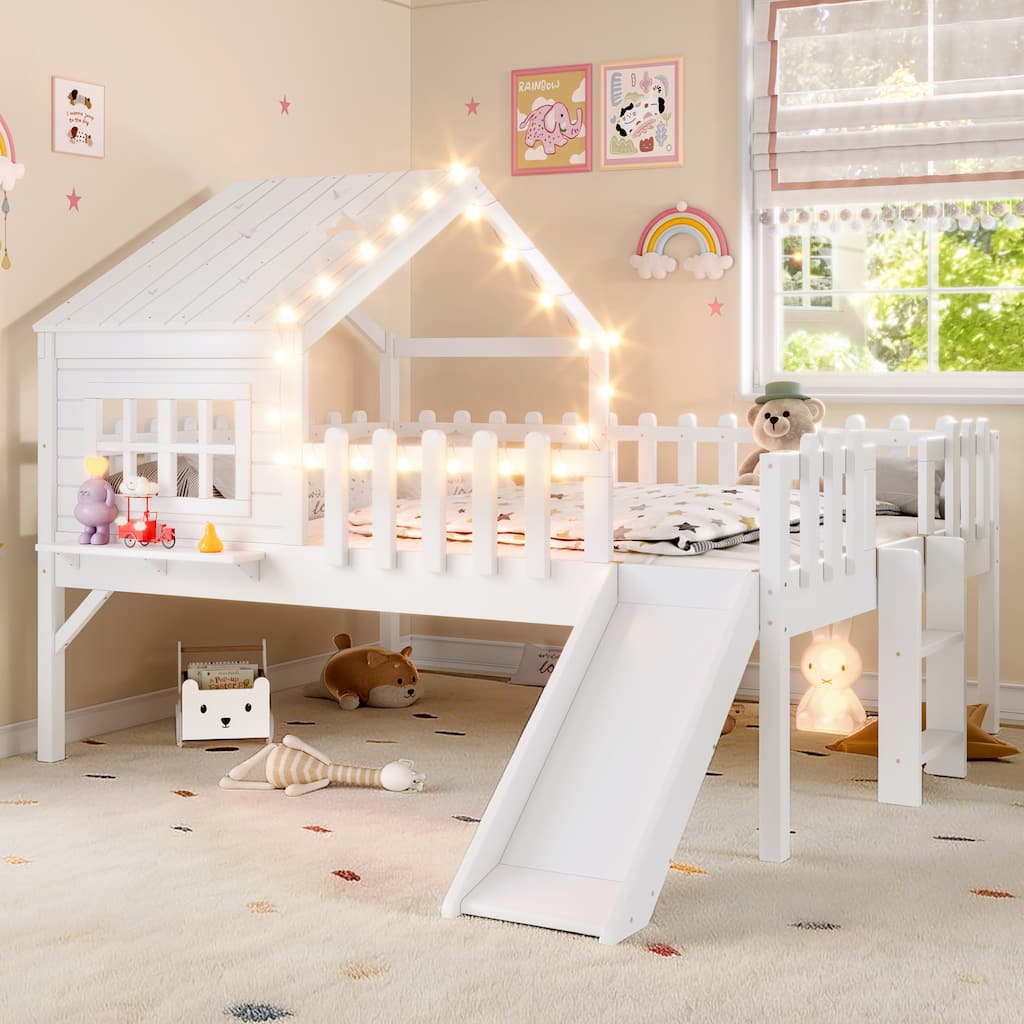 Full Size House Loft Bed with Slide,Playhouse Bed with Star Moon-shaped Designs and Window, Chic Design with LED Lights