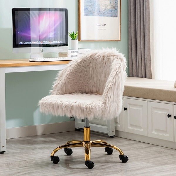Porthos Home Nara Swivel Office Chair Shaggy Plush Gold Metal