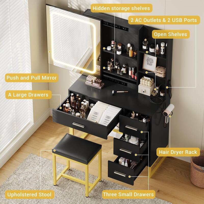 Makeup Vanity with Sliding LED Mirror, Charging Station, Drawers, Shelves & Stool
