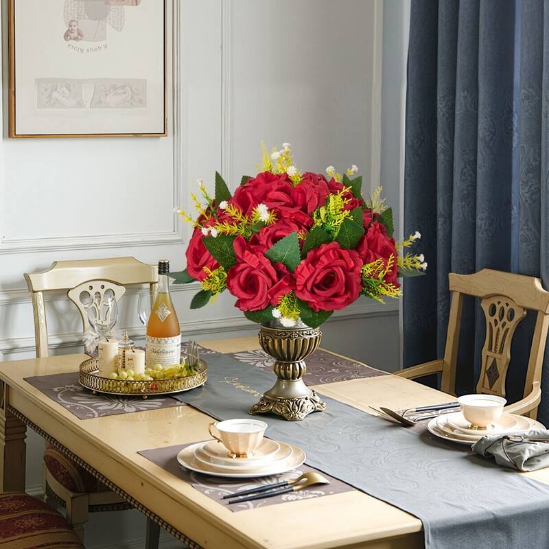 Red Silk Rose Flower Balls Set of 10 with Stable Base for Decor - 9.45 x 9.45 x 4.27 inch