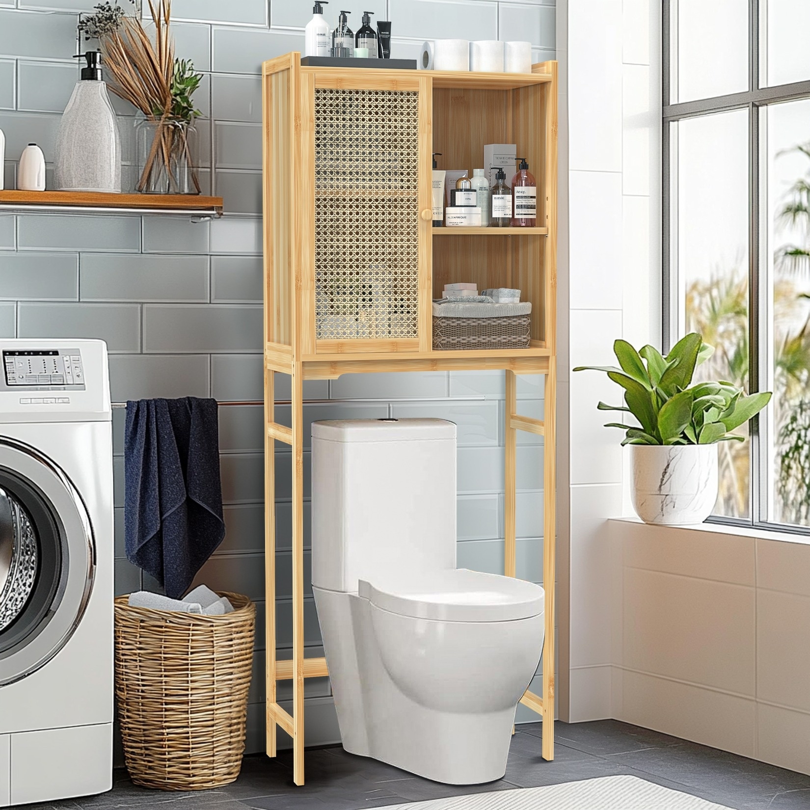Bamboo Over The Toilet Storage Cabinet | Bathroom Space Saver With Adjustable Shelf | Natural Finish