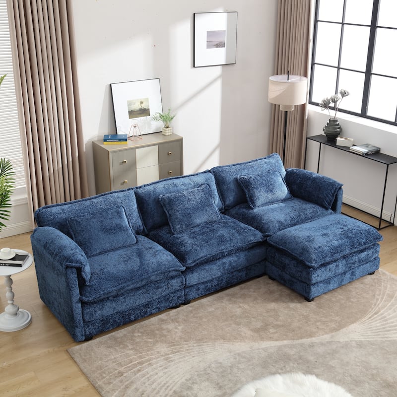 Cloud Chaise Lounge Couch L-shaped Sectional Sofa with Ottoman and Double Layered Seat Cushions for Living Room - Navy